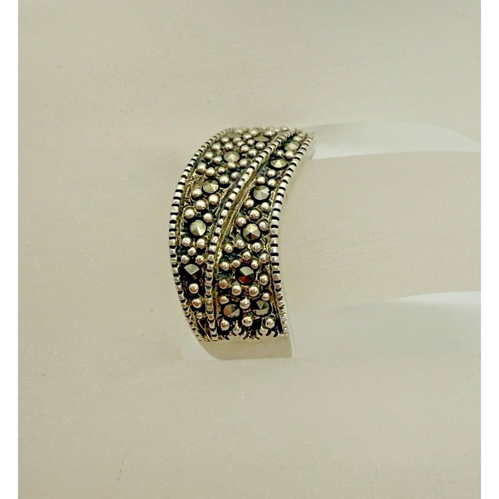 Vintage Marcasite Band Ring 925 Sterling Silver Two Row Art Deco Wavy Size 5.75